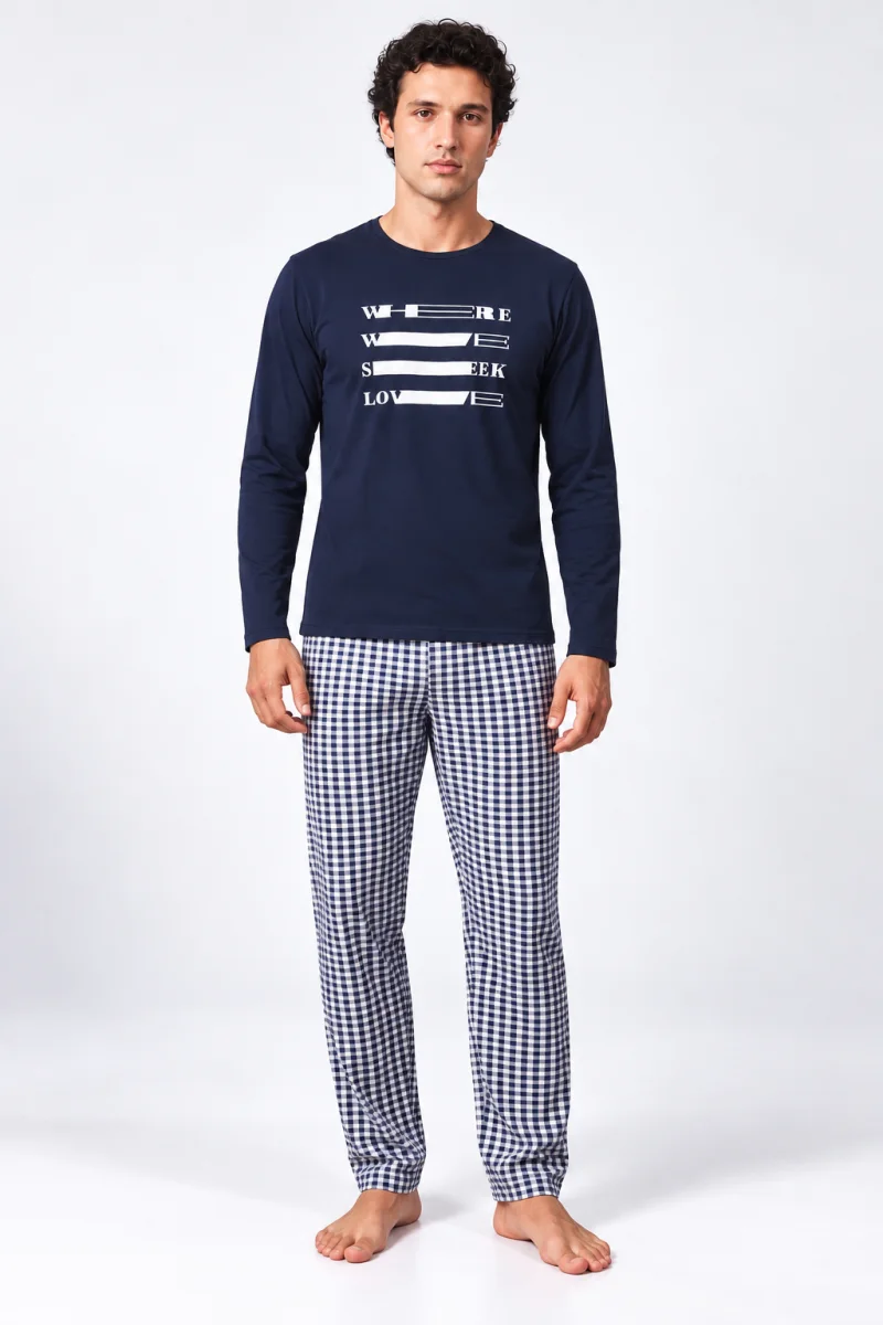 Pijama bărbați cu mânecă lungă și pantaloni lungi cu imprimeu
