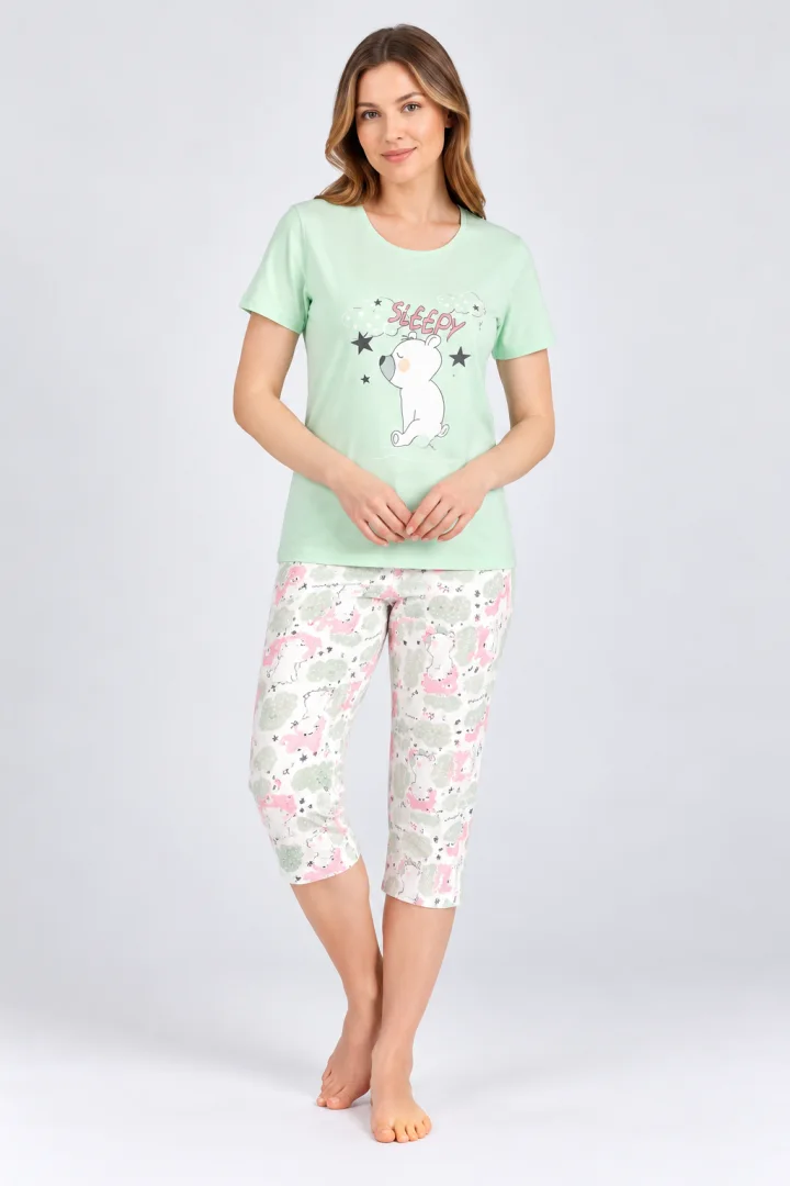 Pijama damă verde „Sleepy” cu pantaloni 3/4