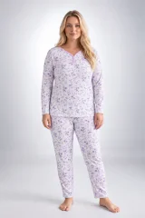 Pijama damă Big Size din bumbac, cu mânecă lungă și pantaloni lungi, albă cu imprimeu floral mov