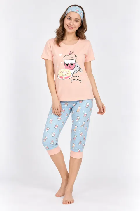 Pijama Dama Tricou și Pantaloni 3/4, Masca de Dormit, roz