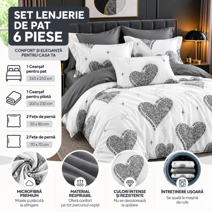 Set Lenjerie de Pat Dublu din Microfibră Premium, 6 Piese, Cearșaf 245x250 cm