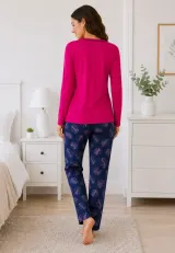 Pijama de dama fucsia cu maneca lunga si pantaloni lungi blumarin cu frunze