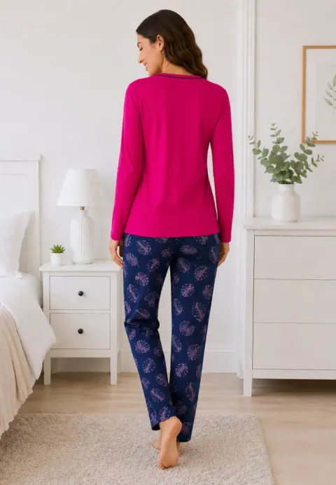 Pijama de dama fucsia cu maneca lunga si pantaloni lungi blumarin cu frunze