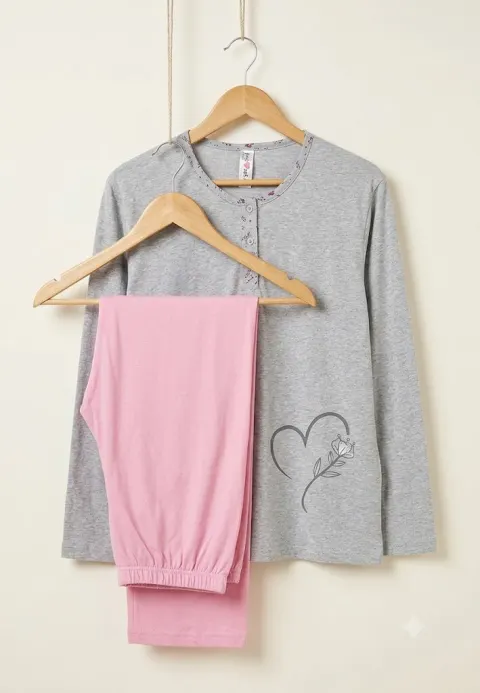 Pijama damă GRI  mânecă lungă și pantaloni lungi ROZ