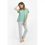 Pijama dama, bluza  cu imprimeu scoici si pantaloni lungi, verde