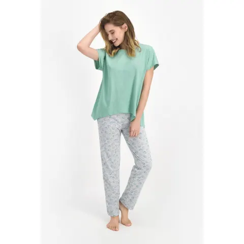 Pijama dama, bluza  cu imprimeu scoici si pantaloni lungi, verde