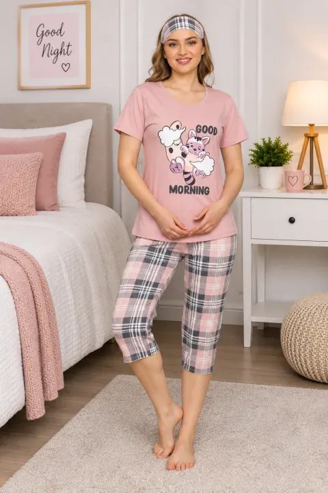 Pijama  Dama cu Masca de Dormit, tricou, pantaloni 3/4, roz
