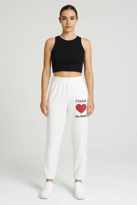 Pantaloni de trening damă alb cu imprimeu
