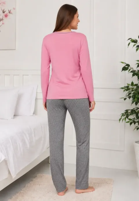 Pijama de dama roz cu maneca lunga si pantaloni lungi gri cu buline
