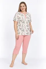 Pijama damă Freenight roz cu frunze, pantaloni 3/4