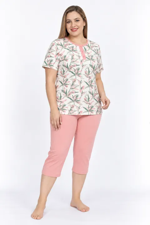 Pijama damă Freenight roz cu frunze, pantaloni 3/4