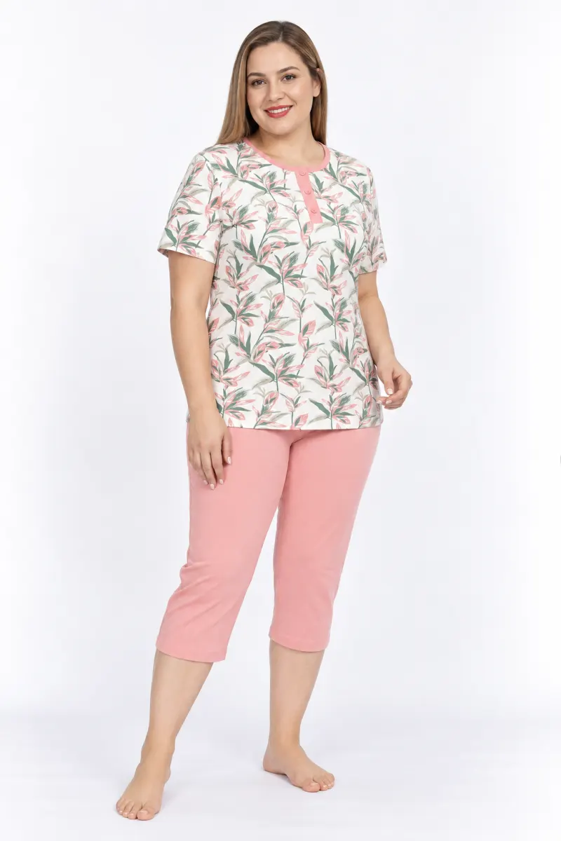 Pijama damă Freenight roz cu frunze, pantaloni 3/4