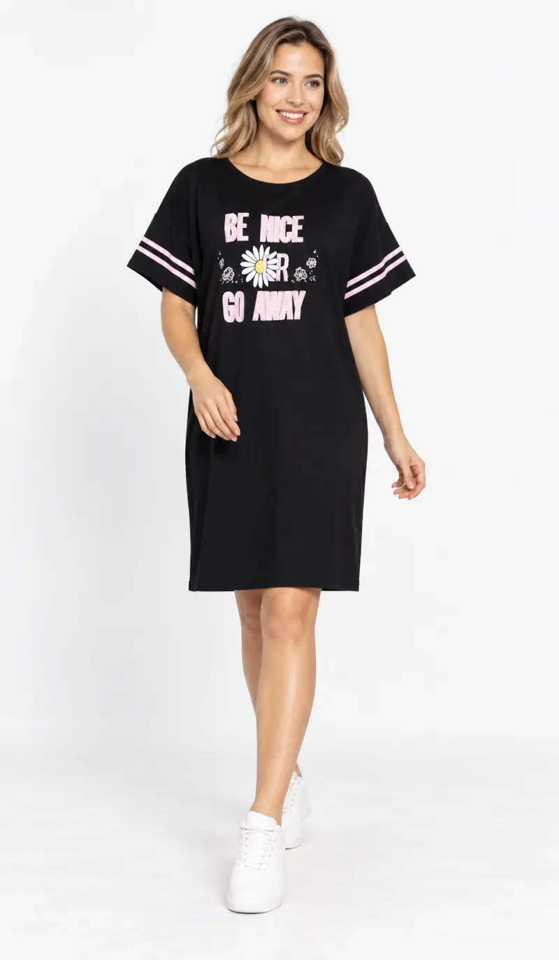 Rochie casual damă din bumbac 100%, cu mânecă scurtă și imprimeu „Be Nice”, negru