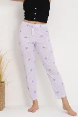 Pantaloni de pijama damă mov cu dungi și inimioare, croială lejeră