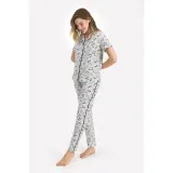Pijama dama bumbac, bluza cu nasturi imprimeu cu flori