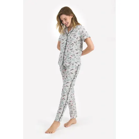 Pijama dama bumbac, bluza cu nasturi imprimeu cu flori