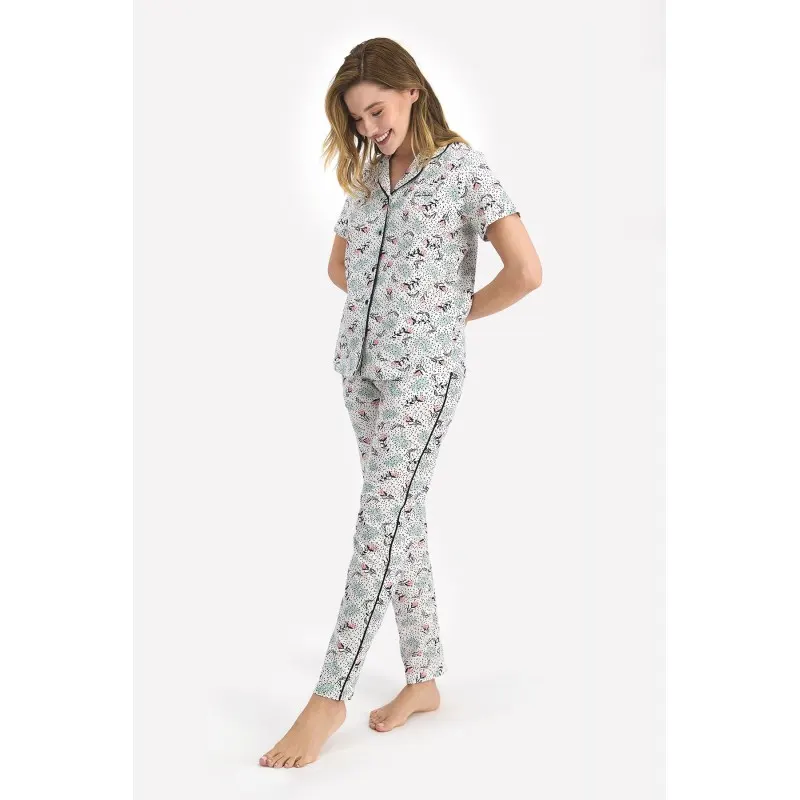 Pijama dama bumbac, bluza cu nasturi imprimeu cu flori