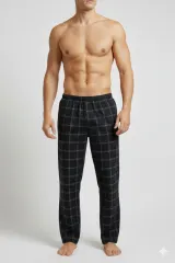 Pantaloni lungi de pijama bărbătești, imprimeu negru cu dungi colorate