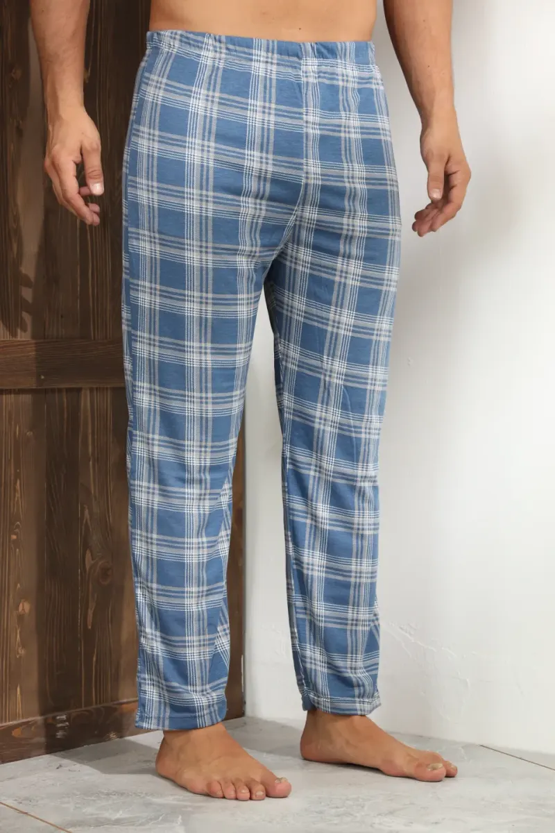 Pantaloni pijama bărbați albastru si gri in carouri