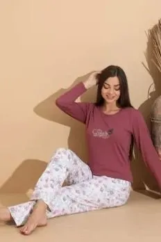 Pijama damă grena „PARIS” cu pantaloni lungi floral