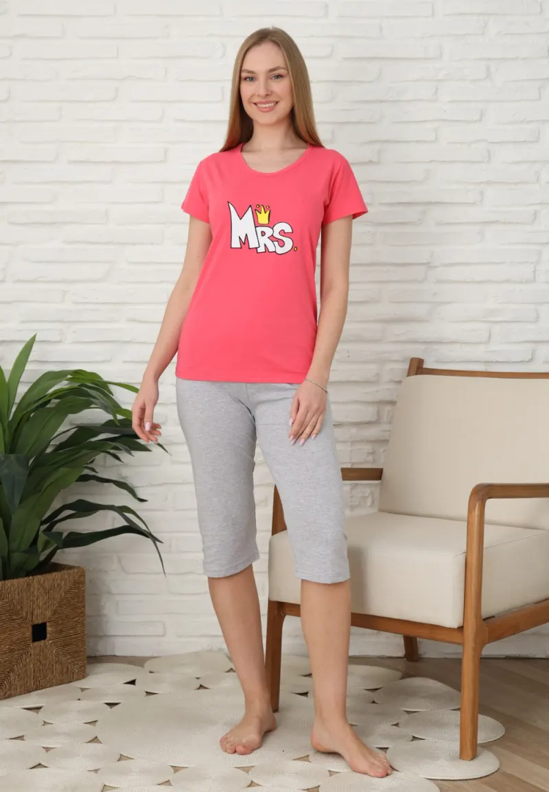 Pijama familie-damă, imprimeu MRS roz