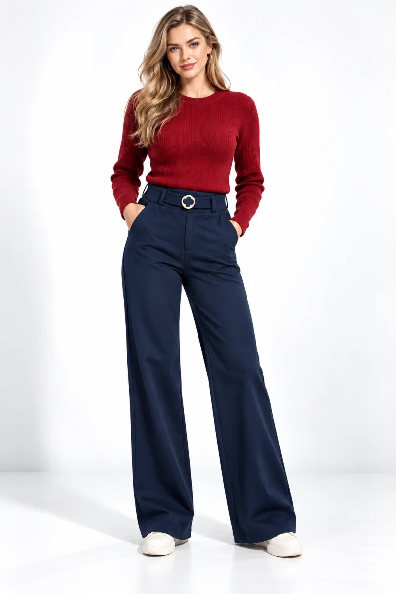 Pantaloni Damă Vătuiți cu Buzunare și Cataramă Decorativă, Bluemarin