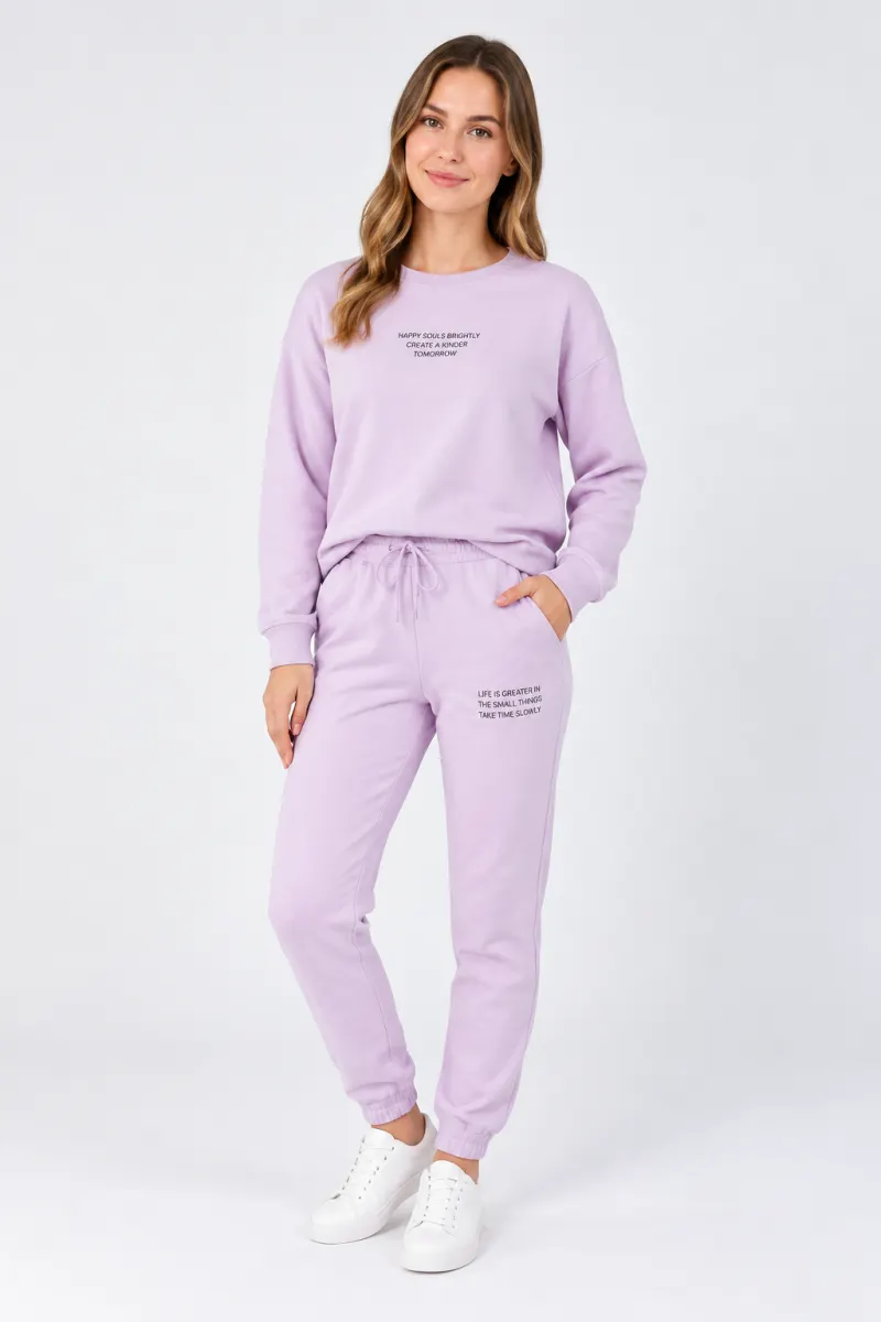Trening damă din bumbac 100%, cu pantaloni lungi și bluză cu imprimeu text, lila