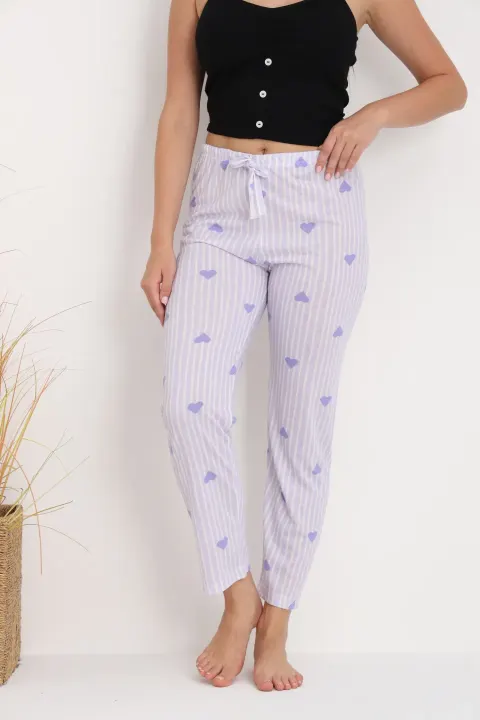 Pantaloni de pijama damă mov cu dungi și inimioare, croială lejeră