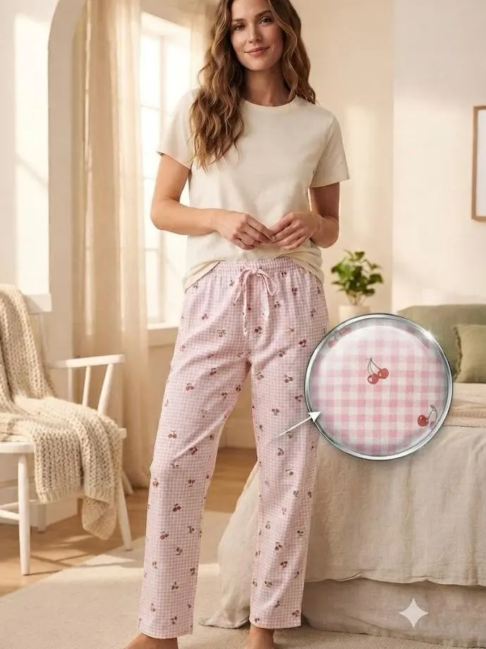 Pantaloni de pijama de dama alb roz cu cirese