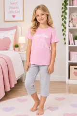 Pijama fetițe de Paște – tricou roz și pantaloni 3/4 cu imprimeu