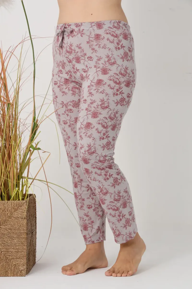 Pantaloni de pijama damă Big Size, gri cu flori vișinii