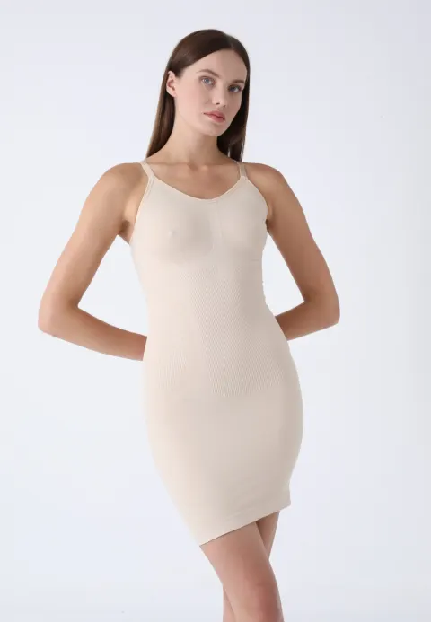 Rochie corset modelatoare fără cusături, cu bretele reglabile și bandă din silicon, bej