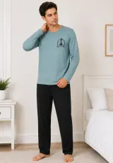 Pijama barbat albastru deschis cu gri inchis