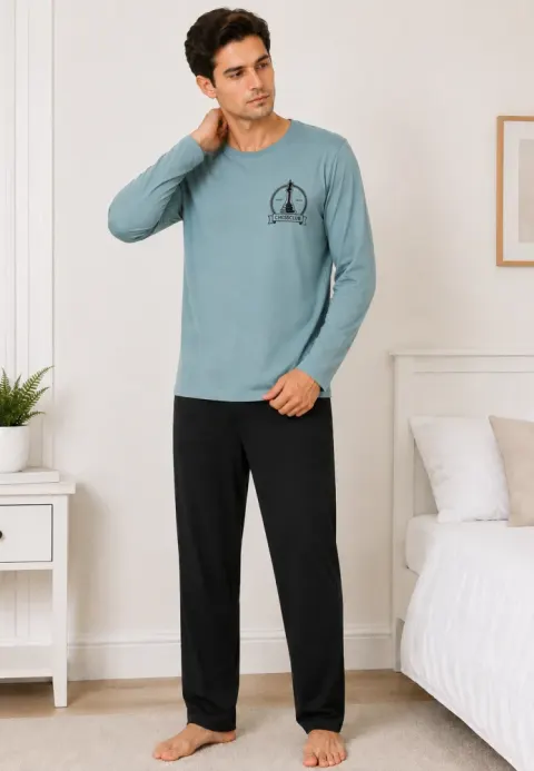 Pijama barbat albastru deschis cu gri inchis