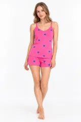 Pijama damă, maiou și short, imprimeu inimi, roz