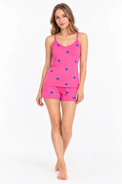 Pijama damă, maiou și short, imprimeu inimi, roz