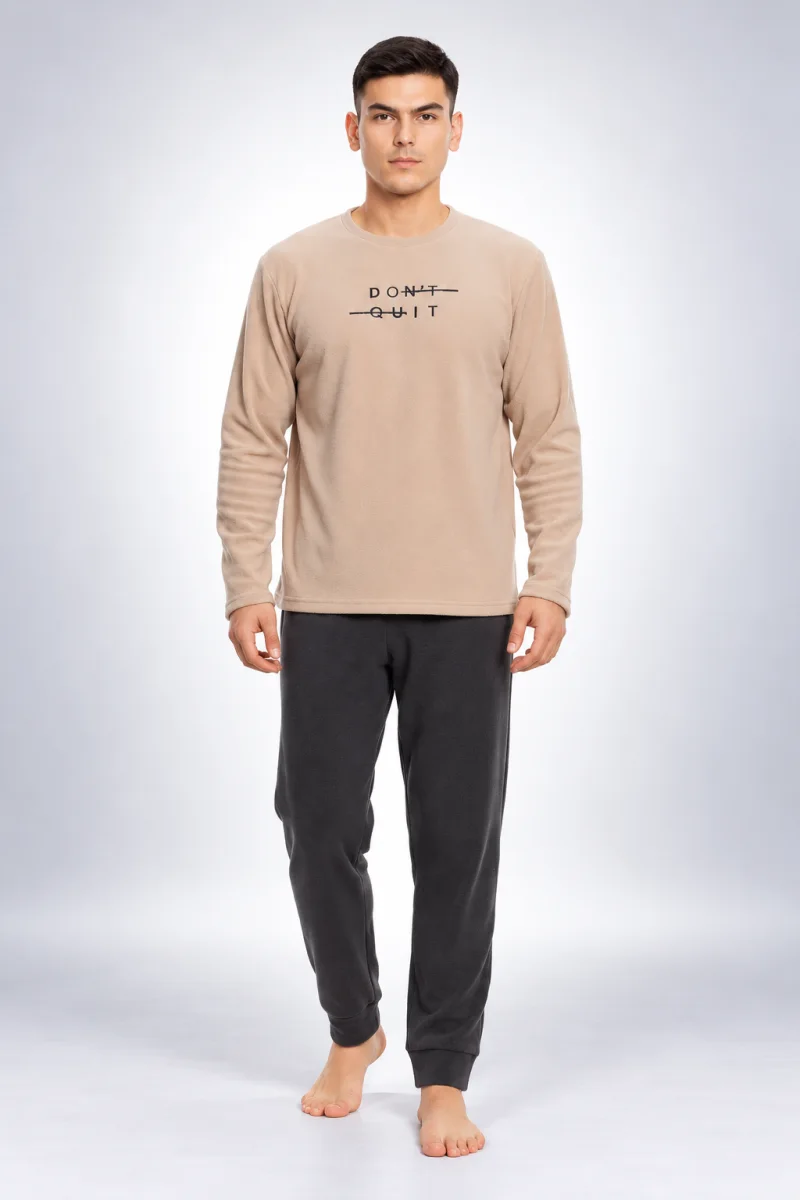 Pijama bărbați crem & gri închis „DON’T QUIT” – material polar