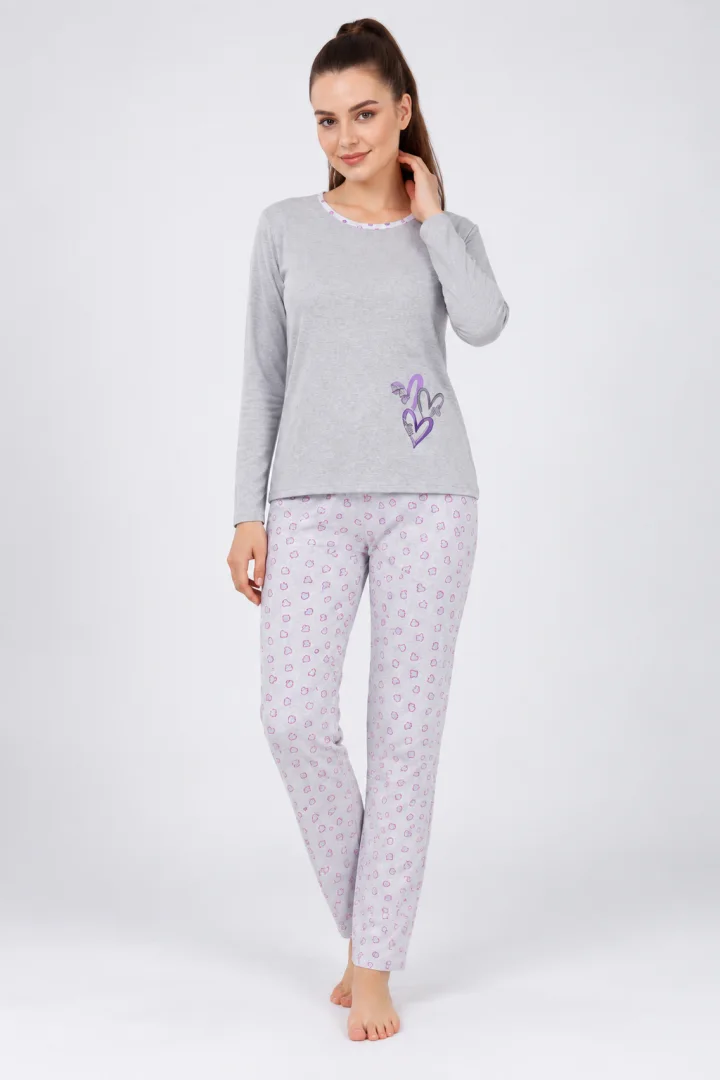 Pijama damă din bumbac mânecă lungă și pantaloni lungi lila