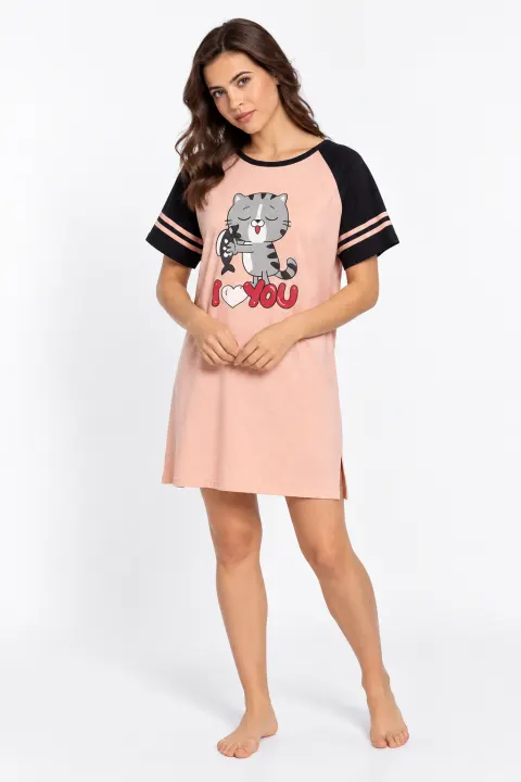 Rochie casual damă din bumbac 100%, cu mânecă scurtă și imprimeu „I Love You”, bej