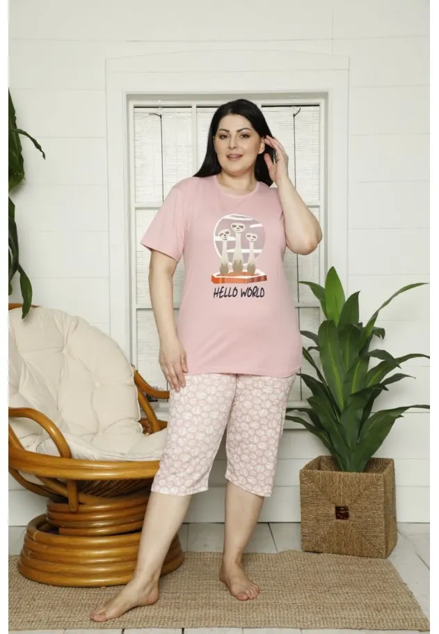 Pijama dama tricou roz cu imprimeu „Hello World”