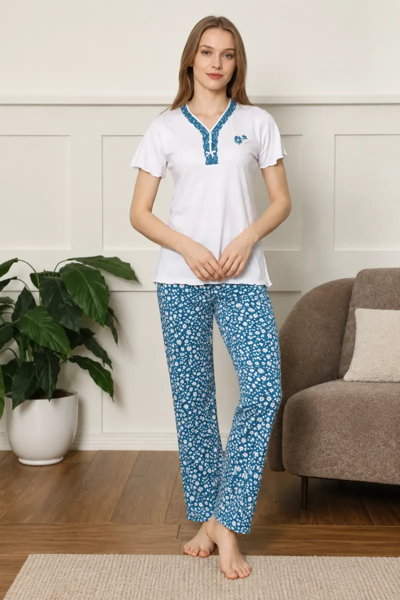 Pijamale dama cu imprimeu frunza, alb/blue