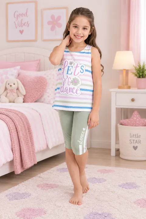 Pijama fetițe din bumbac cu maiou și pantaloni 3/4 – „Let’s Go Dance”, verde