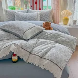 Lenjerie de Pat din 100% Bumbac cu Dantelă, 4 Piese, Cearșaf cu Elastic 180x200 cm