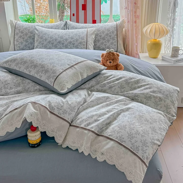 Lenjerie de Pat din 100% Bumbac cu Dantelă, 4 Piese, Cearșaf cu Elastic 180x200 cm