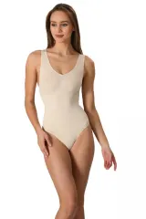 Body modelator dama cu bretele groase, tanga, bej