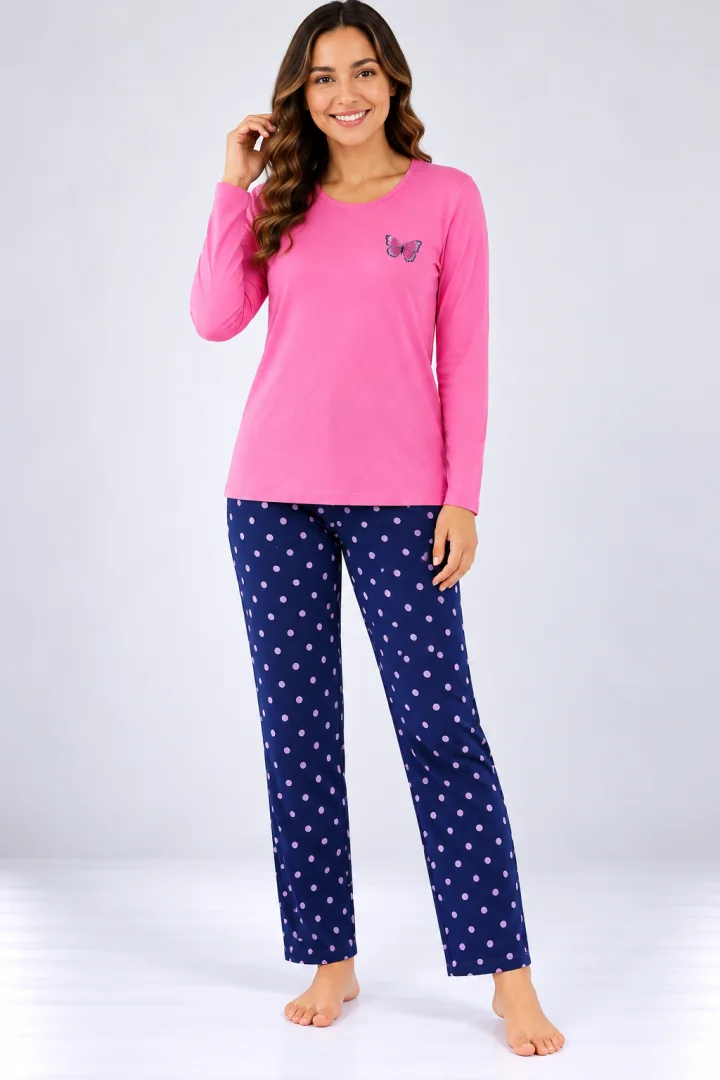Pijama de dama roz  cu maneca lunga si pantaloni lungi blumarin cu buline