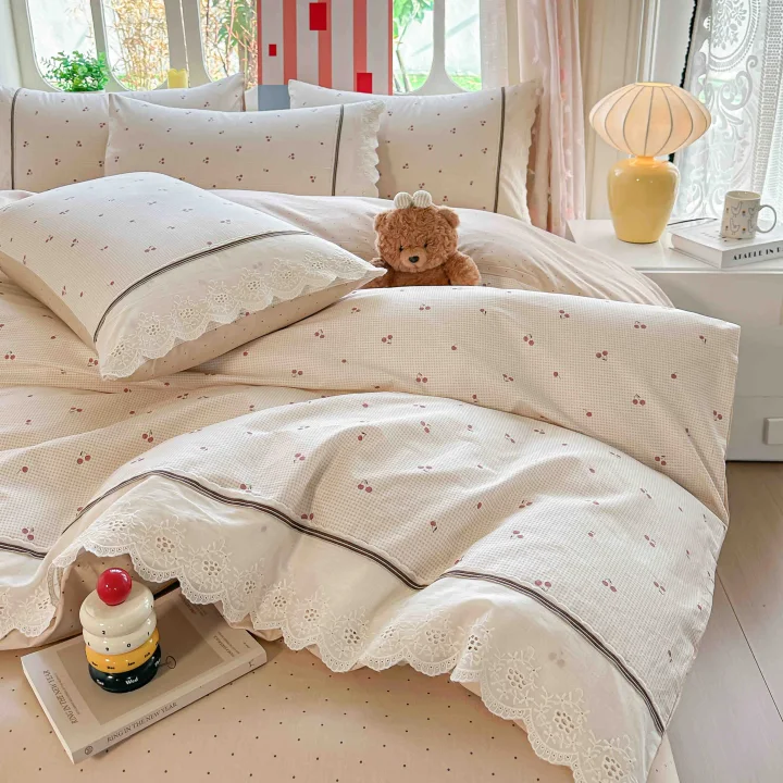 Lenjerie de Pat din 100% Bumbac cu Dantelă, 4 Piese, Cearșaf cu Elastic 180x200 cm