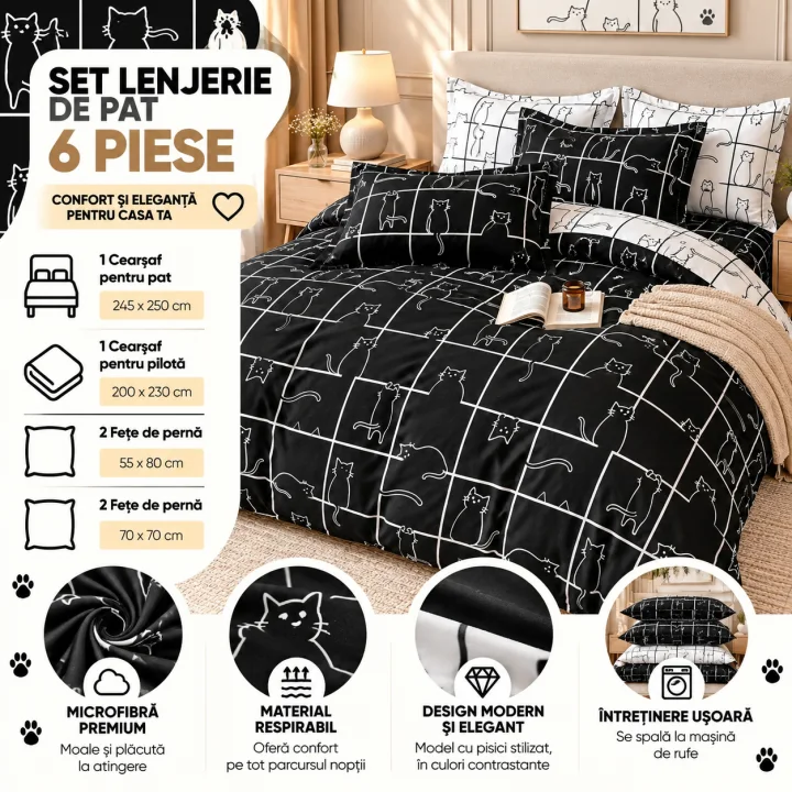 Set Lenjerie de Pat Dublu din Microfibră Premium, 6 Piese, Cearșaf 245x250 cm