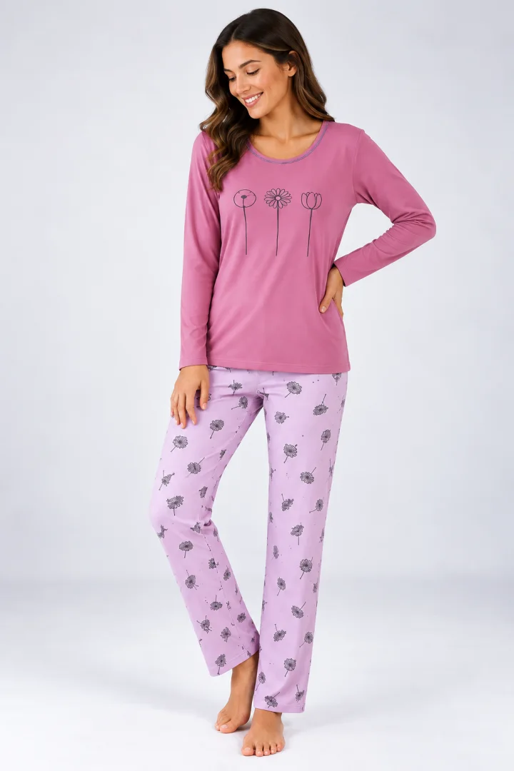 Pijama de dama mov cu maneca lunga si pantaloni lungi mov cu flori