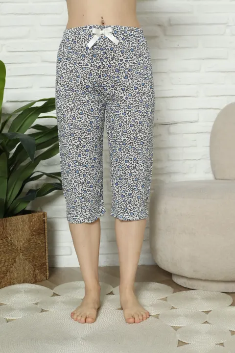 Pantaloni pijama damă 3/4, albastru, imprimeu inimi